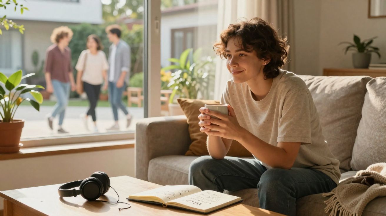Pessoa sentada no sofá a beber chá, com caderno aberto e auscultadores na mesa, pessoas desfocadas à janela.