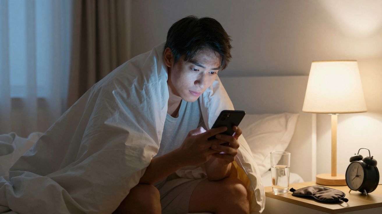 Homem deitado na cama sob um cobertor, a olhar para o telemóvel, com candeeiro e despertador na mesa de cabeceira.