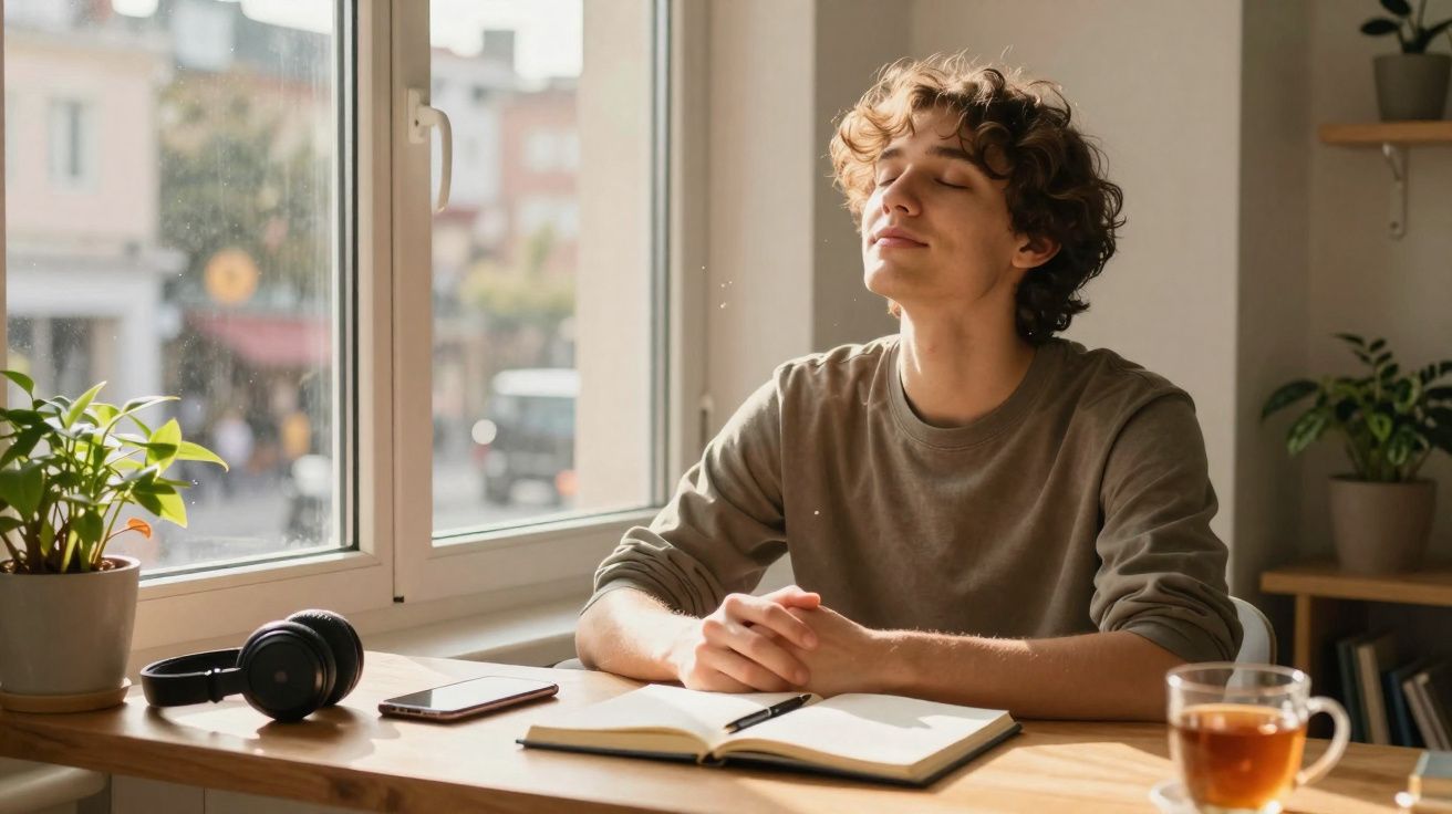 Jovem sentado numa mesa à luz do dia, olhos fechados, a desfrutar de um momento de calma junto a uma janela.