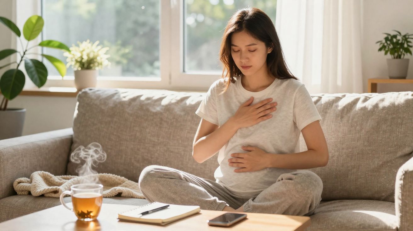 Mulher grávida sentada no sofá com as mãos na barriga e peito, ao lado chá, caderno e telemóvel.