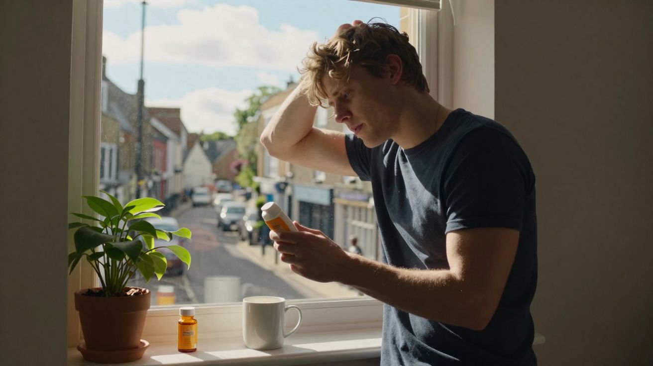 Homem em frente a janela, lendo o rótulo de um frasco de comprimidos, com planta e caneca ao lado.
