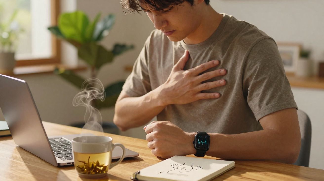 Homem sentado à mesa com dor no peito, chá quente e smartwatch com batimentos cardíacos visíveis.