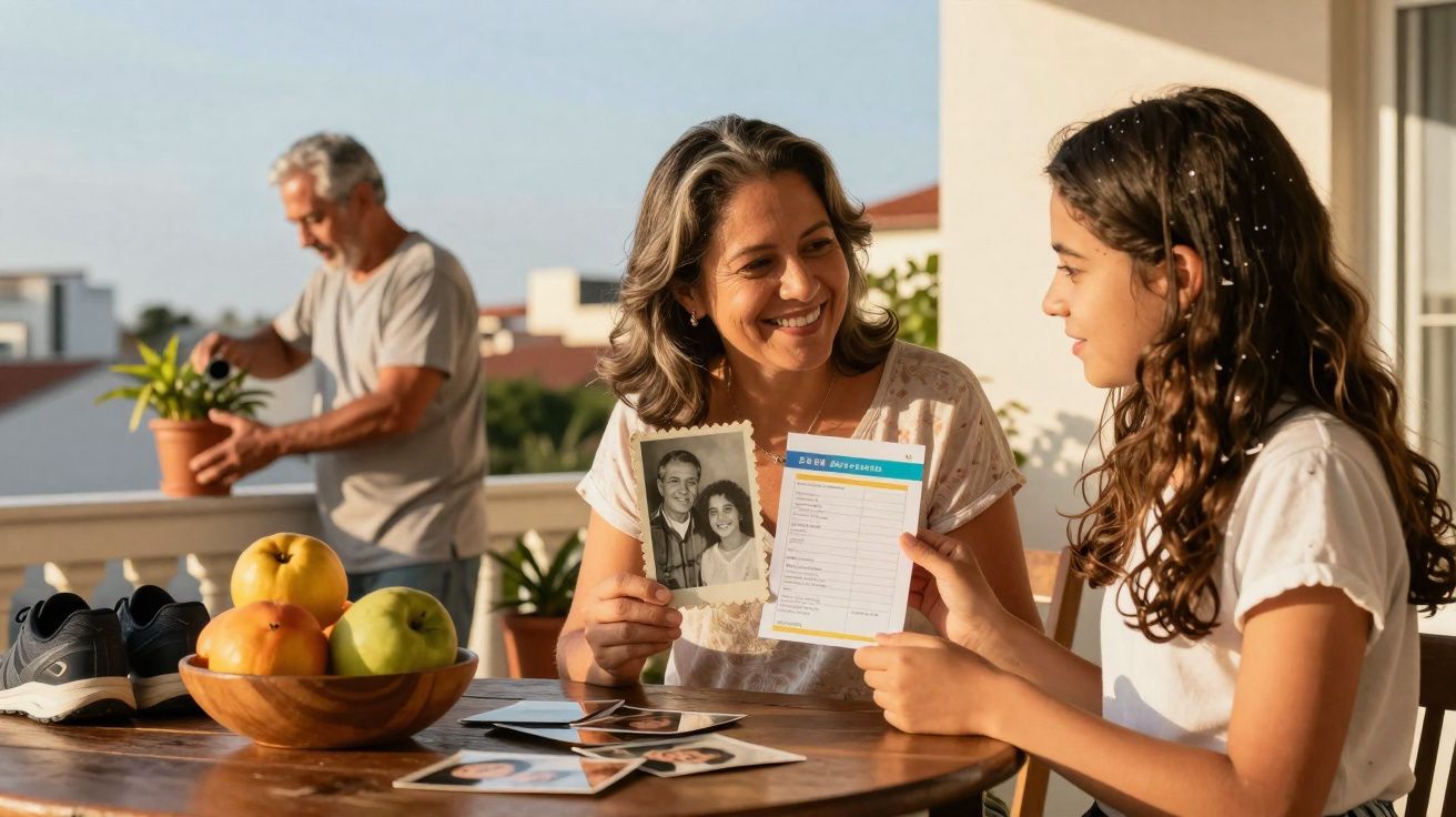 Mulher e menina sentadas à mesa a olhar fotografias antigas, homem ao fundo com planta no terraço ao sol.