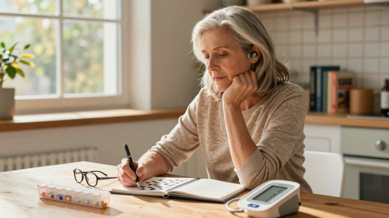 Mulher sénior sentada à mesa, a escrever num caderno, usando auriculares e com medidor de pressão à frente.