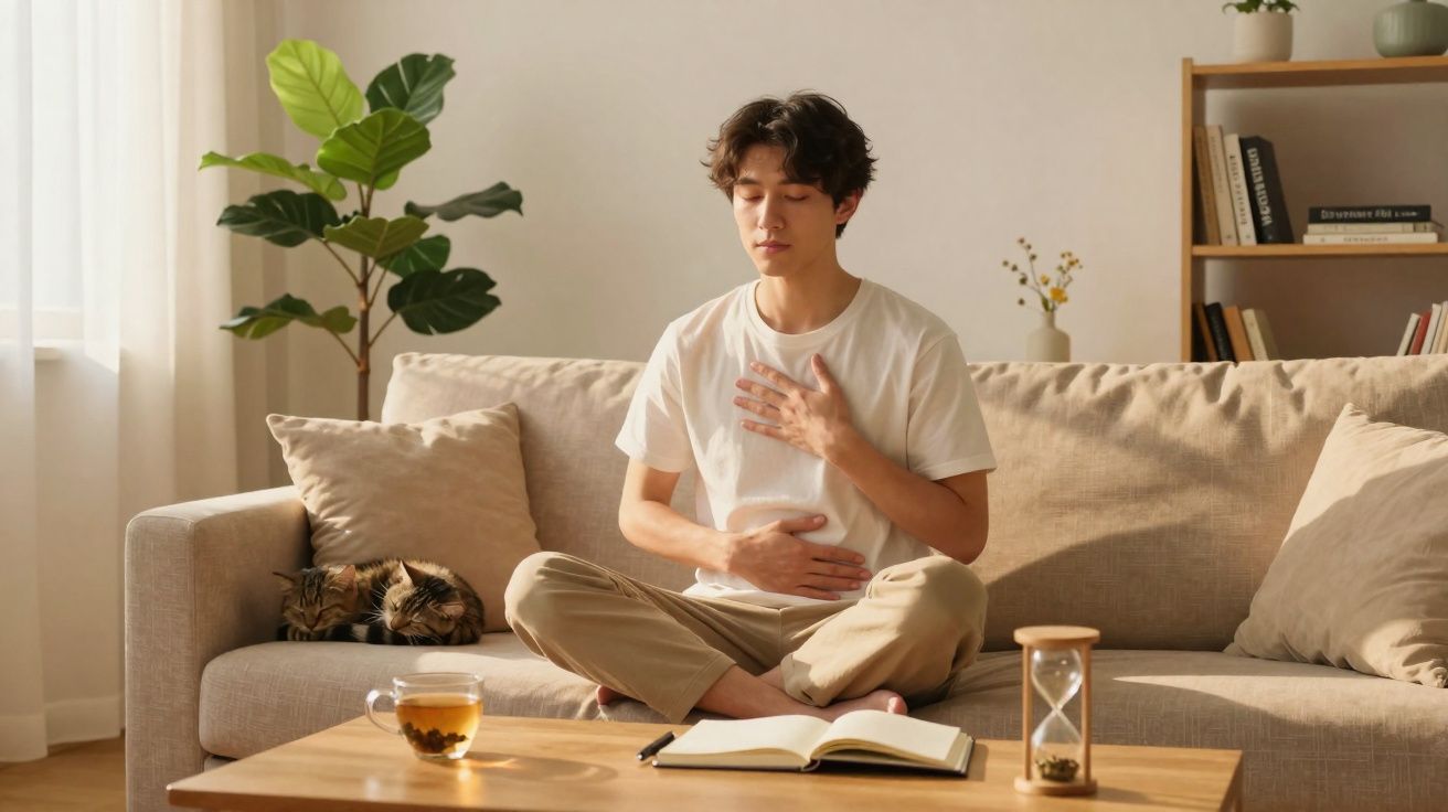 Homem sentado em sofá, meditando com olhos fechados, ao lado de gato e objetos numa sala acolhedora.