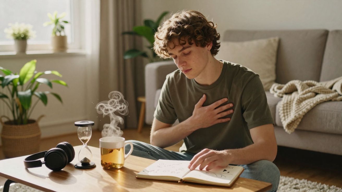 Jovem sentado no chão com mão no peito a ler num caderno, com chá fumegante numa mesa à sua frente.