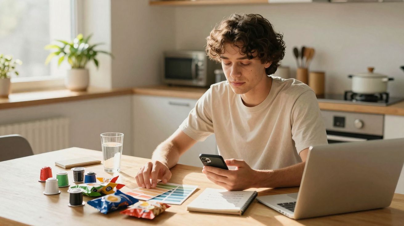 Jovem sentado à mesa com um telemóvel, paleta de cores, caderno, snacks e computador portátil.
