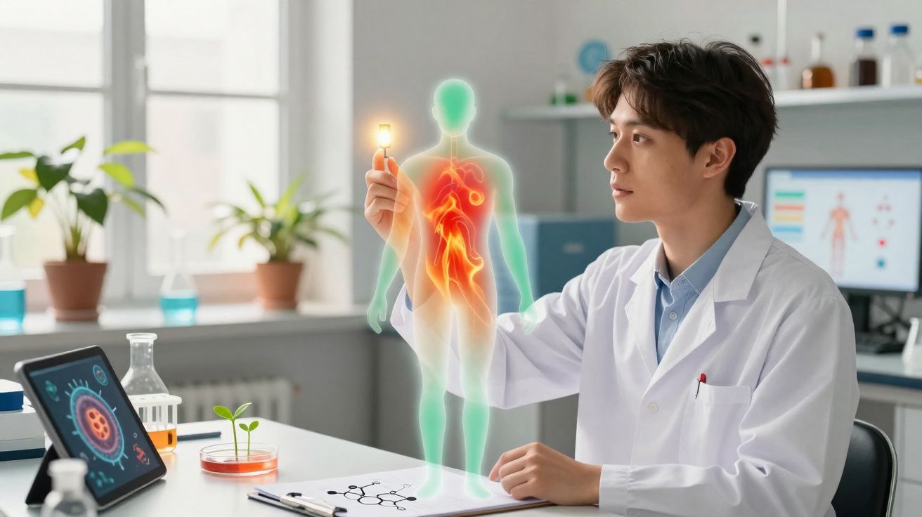 Cientista em laboratório a examinar holograma humano com foco nos órgãos internos inflamados.