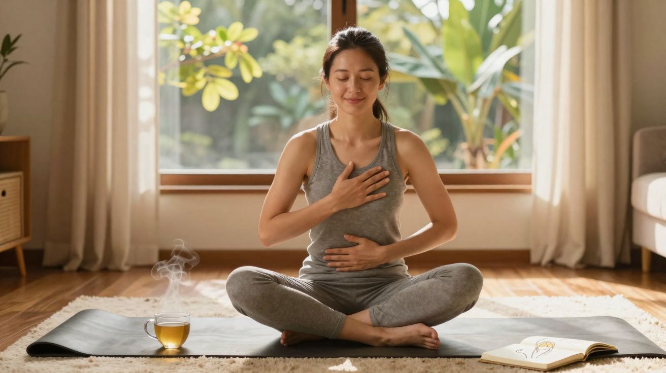 Mulher sentada em posição de meditação numa sala, com chá quente e livro aberto ao lado.