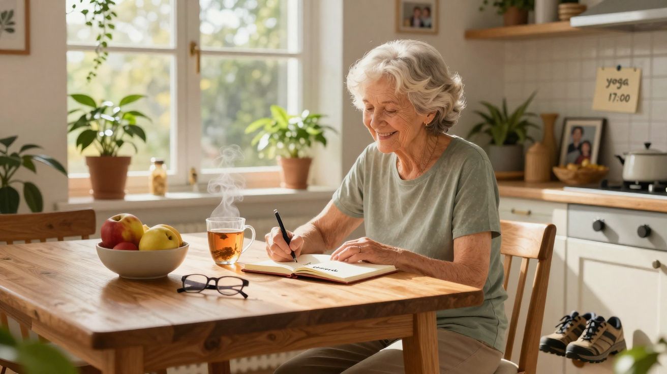 Idosa sorridente a escrever num caderno na cozinha com chá quente e fruta na mesa iluminada pelo sol.
