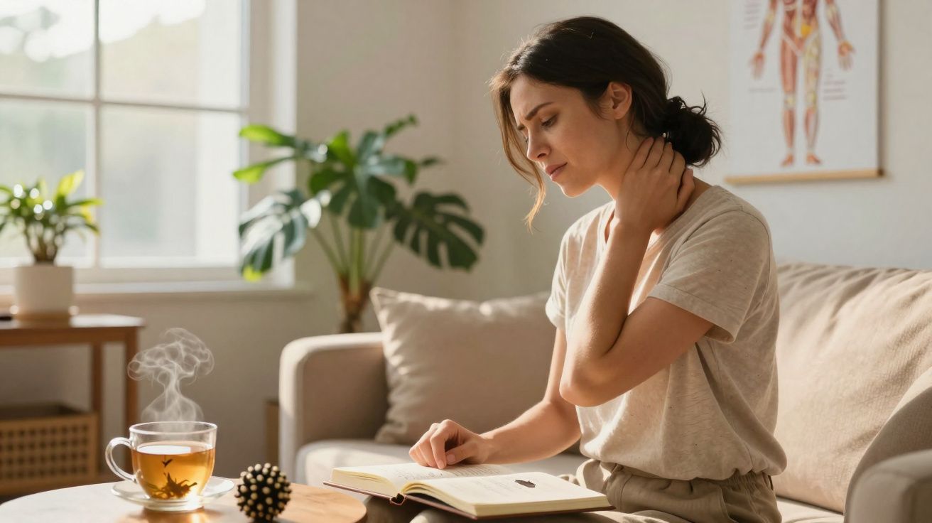 Mulher sentada no sofá, lendo um livro e massageando o pescoço, com chá quente na mesa.