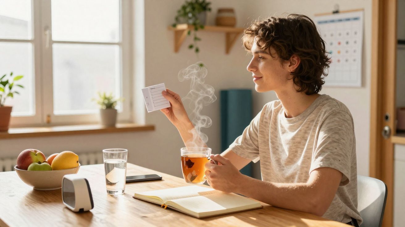 Jovem sentado à mesa a tomar chá enquanto lê uma folha, com agenda e fruta à sua frente.