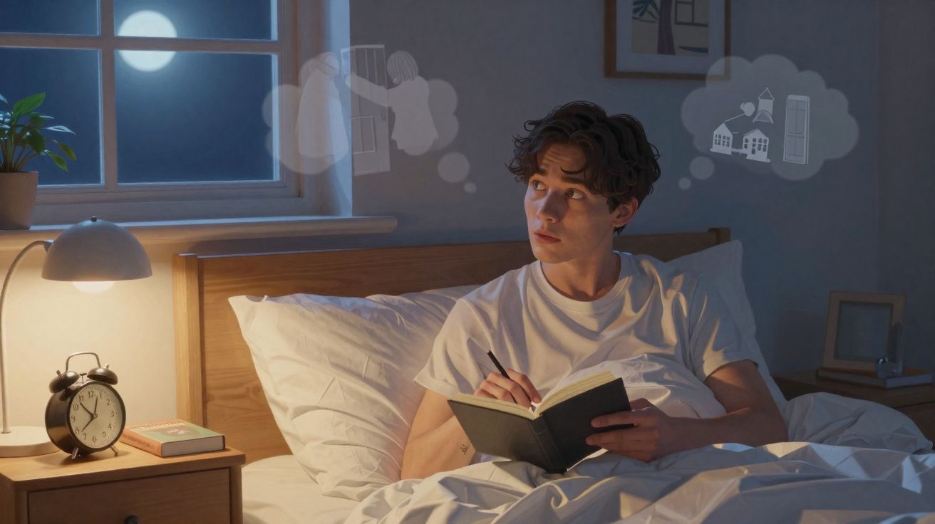 Jovem na cama a escrever num caderno, a pensar em música e escola numa noite com luar na janela.