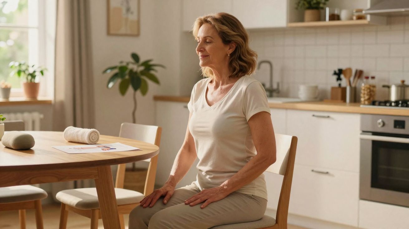 Mulher sentada de olhos fechados a meditar numa cadeira numa cozinha luminosa e arejada.