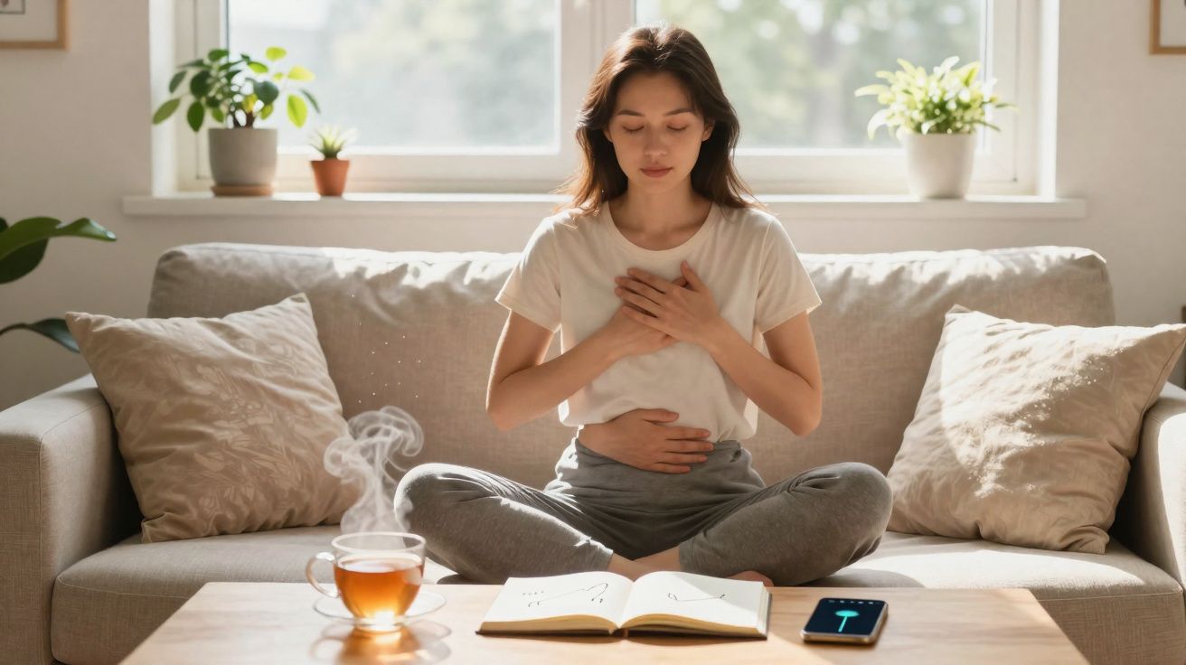 Mulher sentada de pernas cruzadas no sofá, meditando com as mãos no peito e abdómen, chá e livro na mesa.