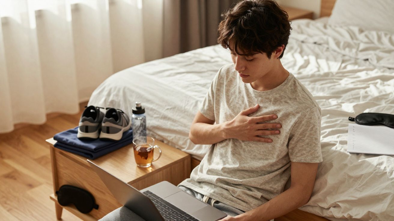 Jovem sentado no quarto junto à cama com portátil, mão no peito, ao lado ténis, garrafa de água e chá.
