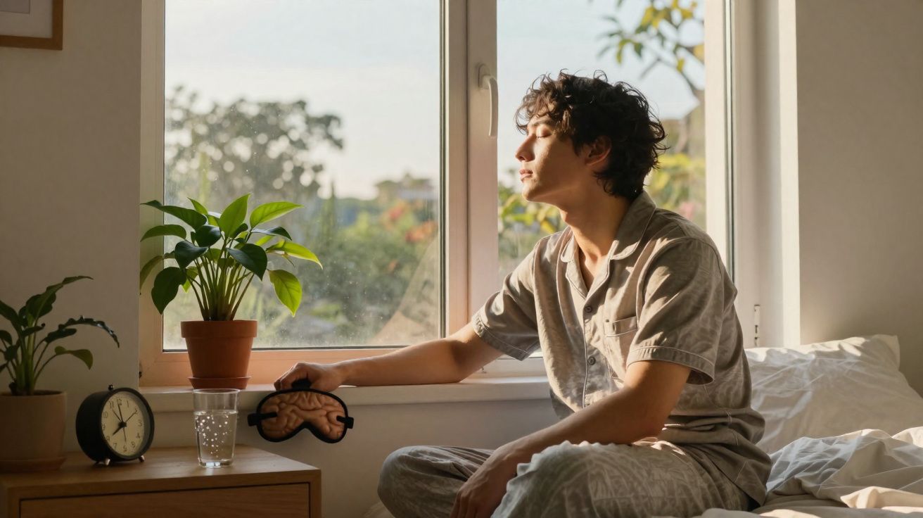 Jovem sentado na cama junto à janela, a apanhar luz natural, com máscara de dormir na mão.