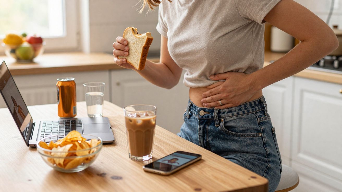 Pessoa com dor abdominal a segurando um sanduíche na cozinha em frente a chapatas com snacks e bebida.