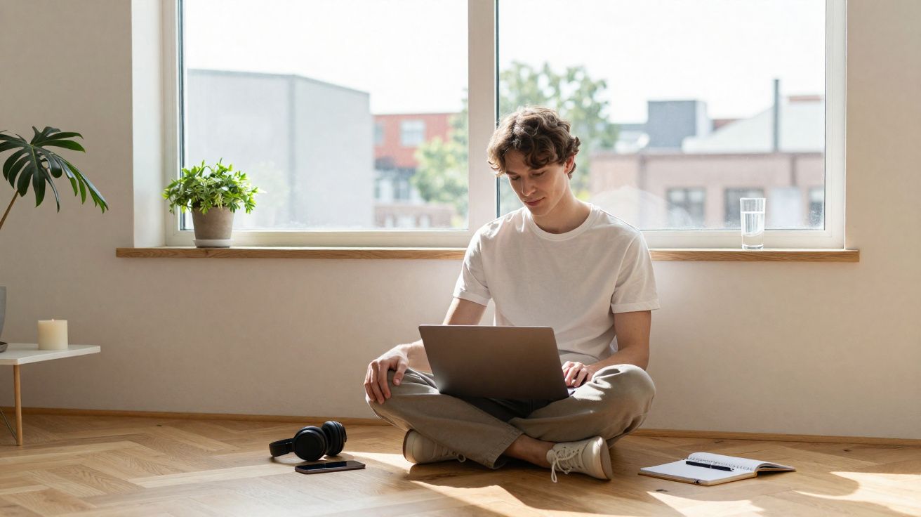 Jovem sentado no chão, a trabalhar num computador portátil, em ambiente iluminado por janela grande.