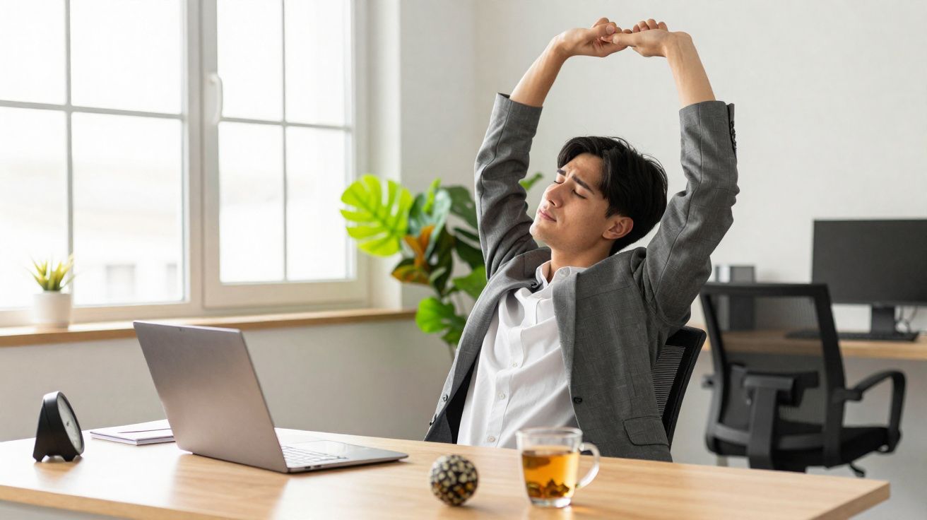 Homem de fato cinzento a alongar-se sentado numa secretária com um portátil e chá numa sala iluminada.