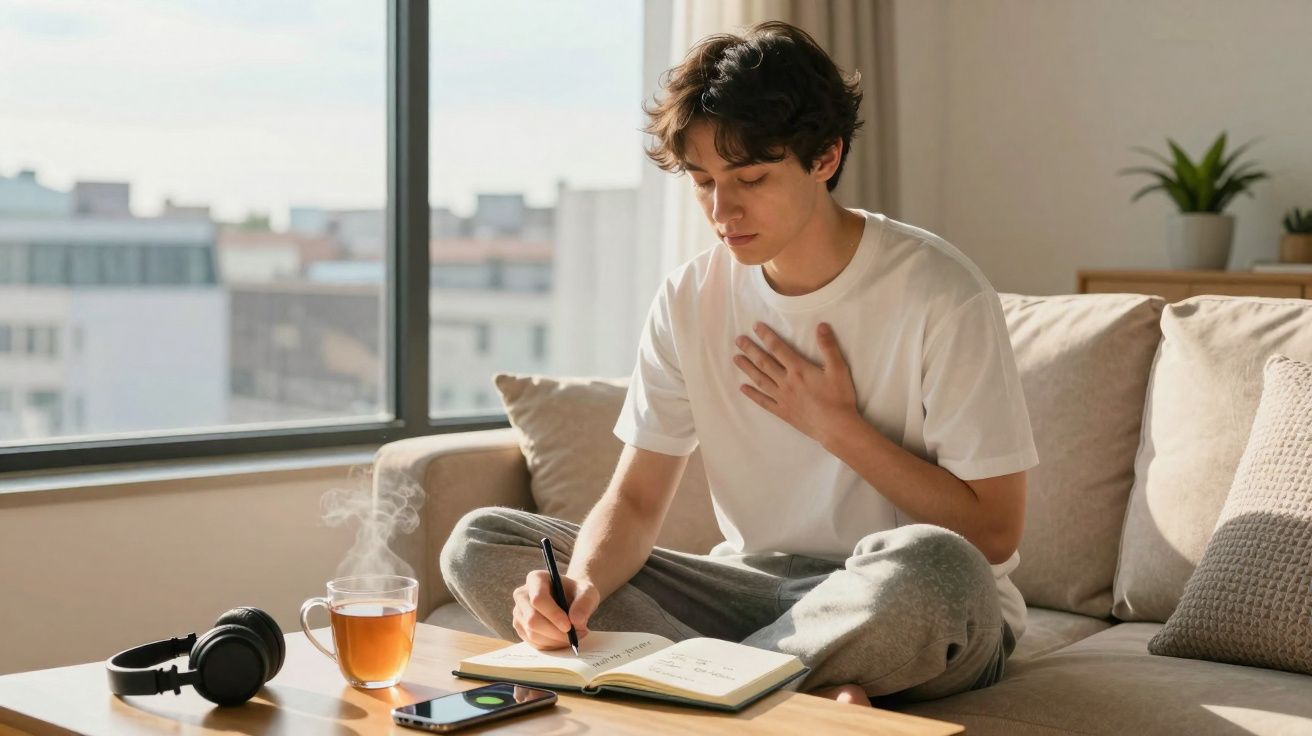 Jovem sentado no sofá a escrever num caderno, com chá quente e auscultadores numa mesa à frente.