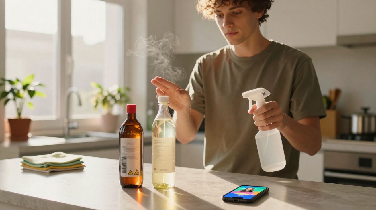 Jovem na cozinha usando um spray para desinfetar com garrafas e telemóvel na bancada.