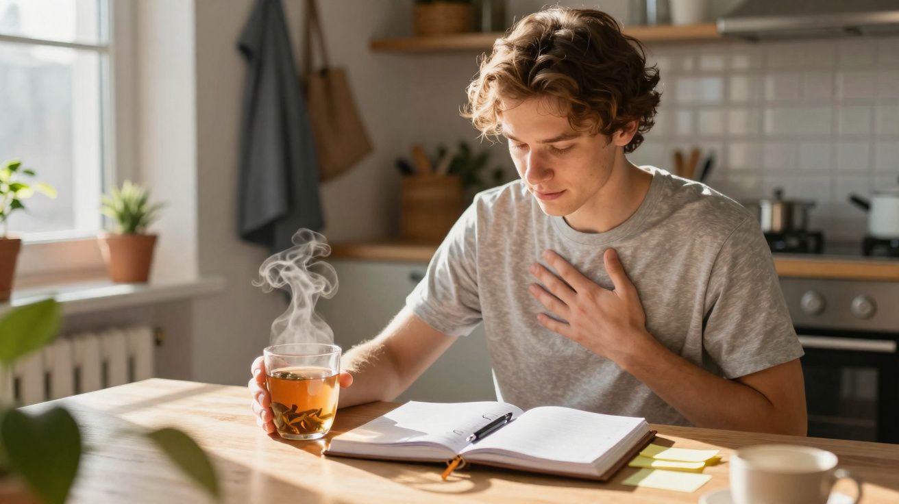 Jovem sentado à mesa com chá quente e caderno aberto, segurando a mão no peito numa cozinha iluminada.