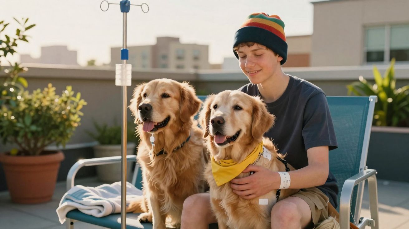 Jovem sorridente sentado ao ar livre com bracelete hospitalar e dois cães golden retriever ao seu lado.