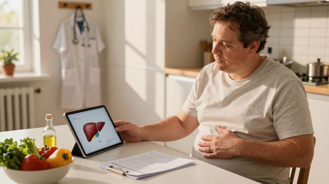Homem sentado à mesa a observar imagem digital de fígado num tablet enquanto segura a barriga.