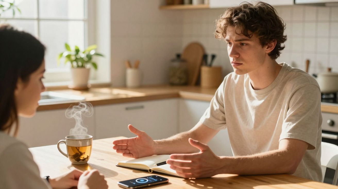 Jovem a conversar seriamente com outra pessoa numa cozinha, com chá a fumegar numa mesa de madeira.