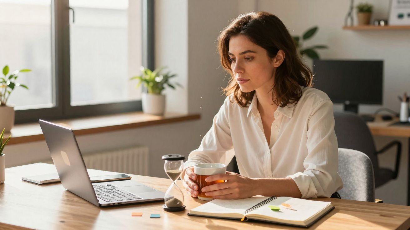 Mulher sentada a trabalhar com portátil, segurando chá, com caderno e ampulheta à frente numa mesa.
