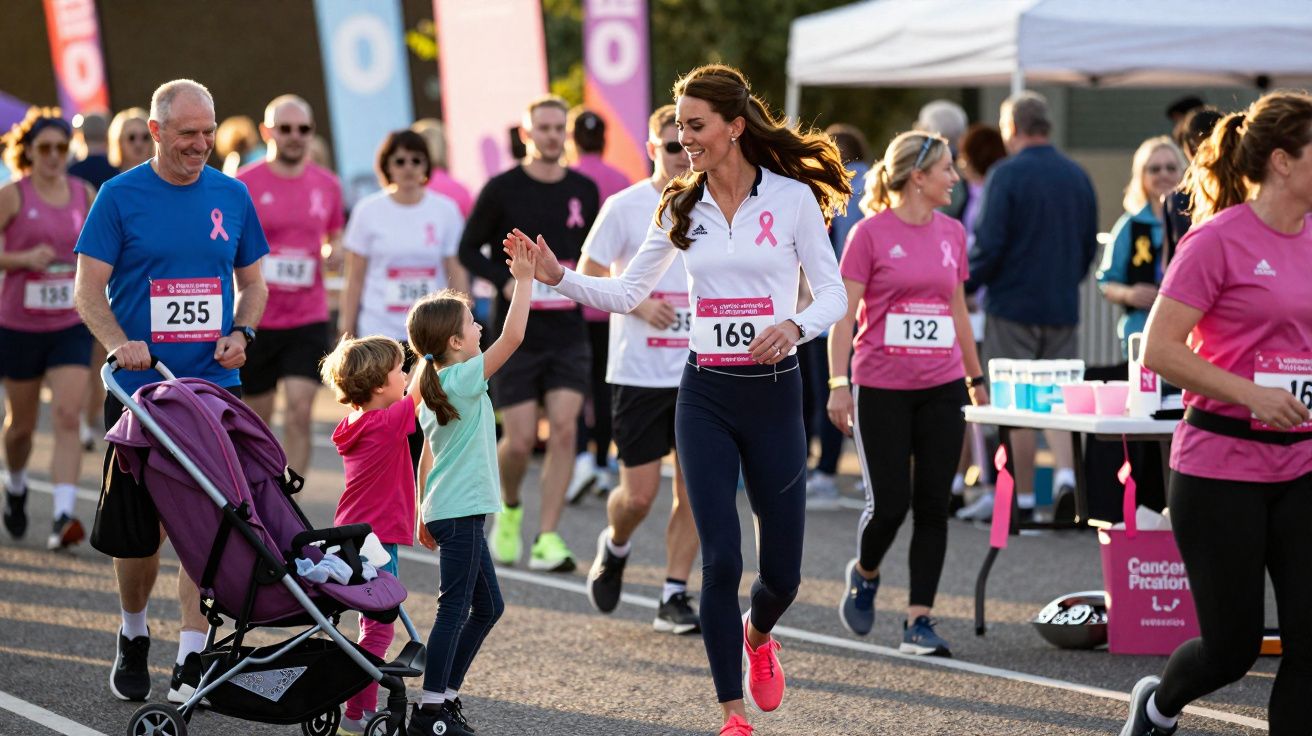 Participantes de corrida solidária contra o cancro da mama, incluindo crianças, a cumprimentar corrredora.