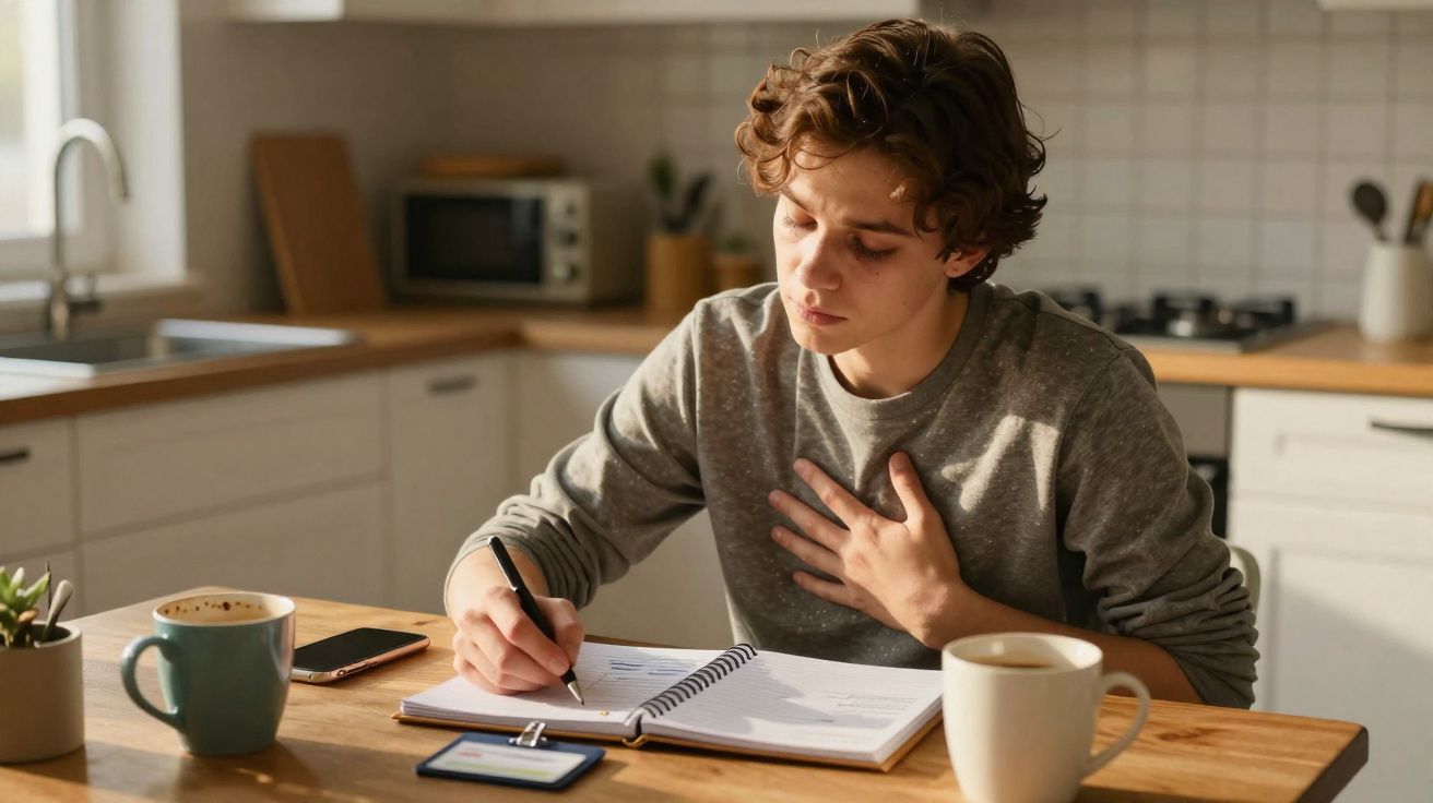 Jovem sentado numa cozinha a escrever num caderno, com expressão pensativa e mão no peito.
