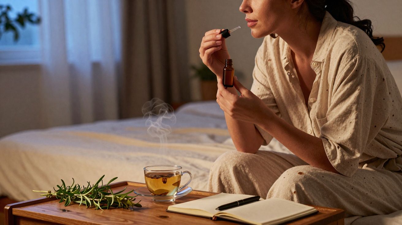 Mulher sentada na cama a preparar óleo essencial, com chá quente, ramo de alecrim e caderno numa mesa de madeira.