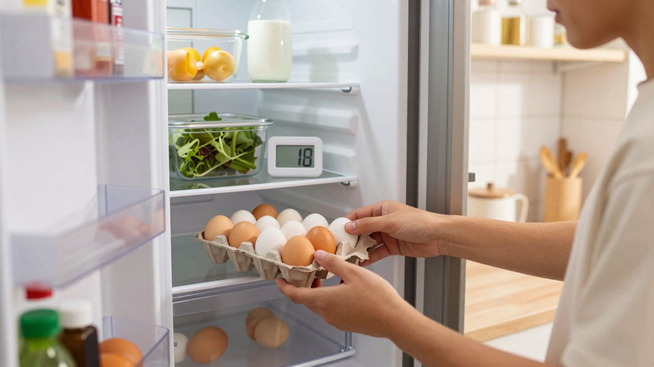 Pessoa a colocar uma caixa de ovos dentro de um frigorífico aberto com legumes e um termómetro digital.