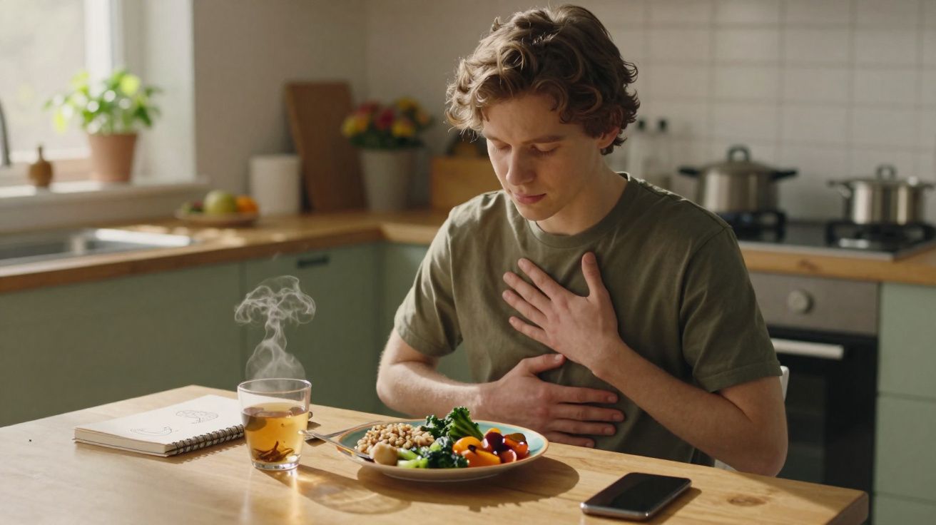 Homem com expressão de dor a segurar o peito e o estômago sentado à mesa com prato de comida e chá quente.