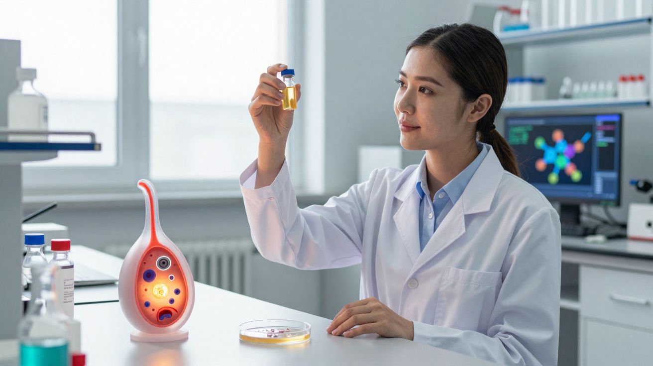 Cientista em bata branca analisa amostra líquida amarela num laboratório moderno.