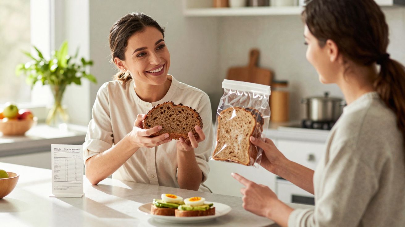 Duas mulheres em cozinha a mostrar e segurar fatias de pão integral e sanduíches prontas.