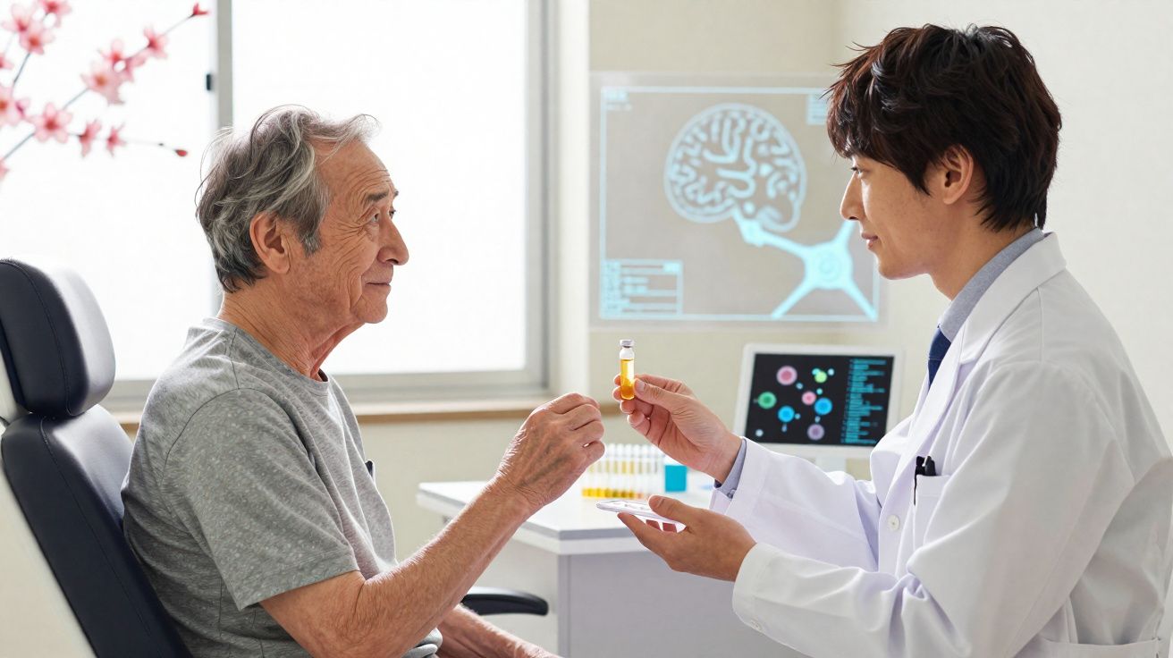 Médico apresenta frasco com medicamento a paciente sénior numa consulta numa clínica moderna.