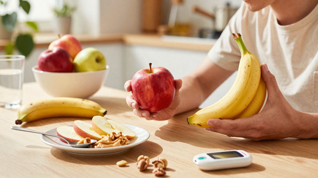 Pessoa segurando maçã e bananas à mesa com frutos, manteiga de amendoim e medidor de glicose.