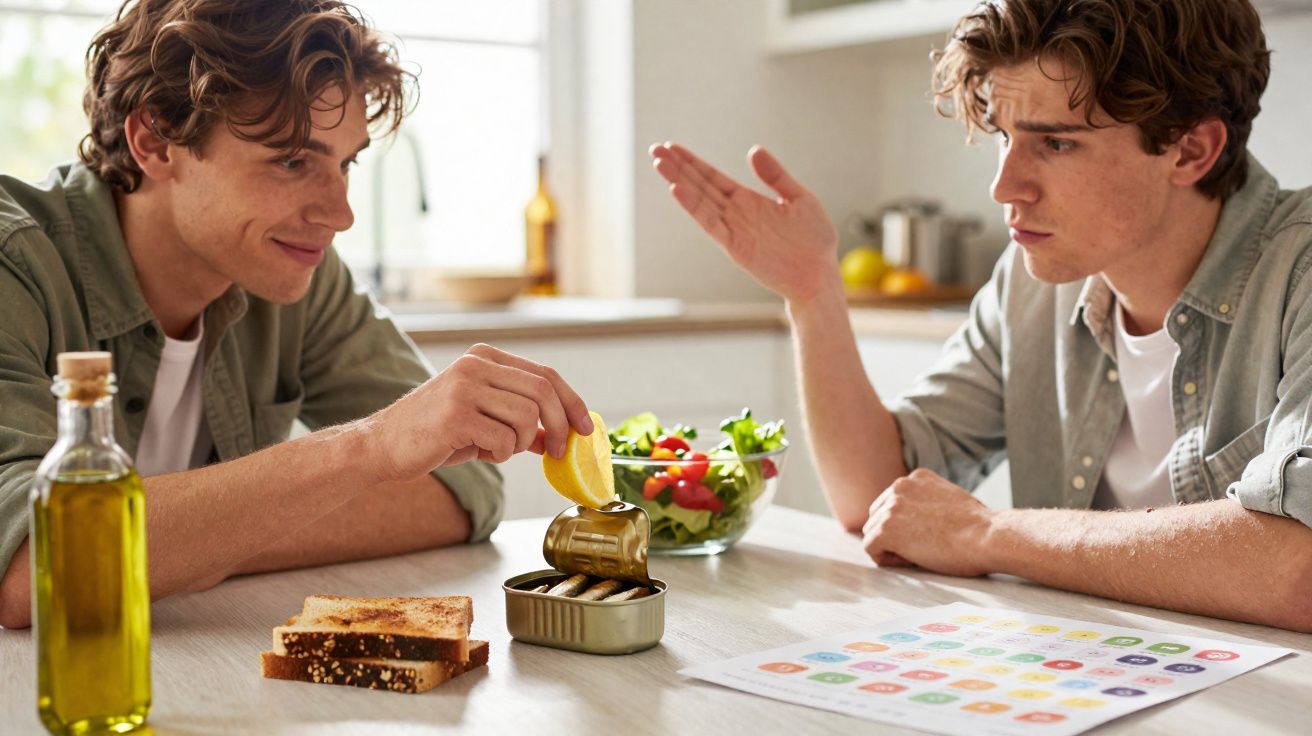 Dois jovens sentados à mesa, um a espremer limão sobre uma lata de sardinhas, o outro a gesticular.