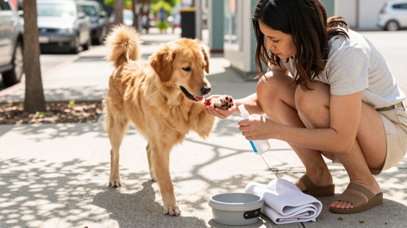 Mulher limpa a pata de um cão dourado numa rua, com toalha e recipiente ao lado.