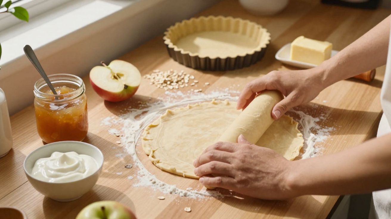 Mãos a estender massa com rolo para tarte de maçã numa bancada com ingredientes ao redor.