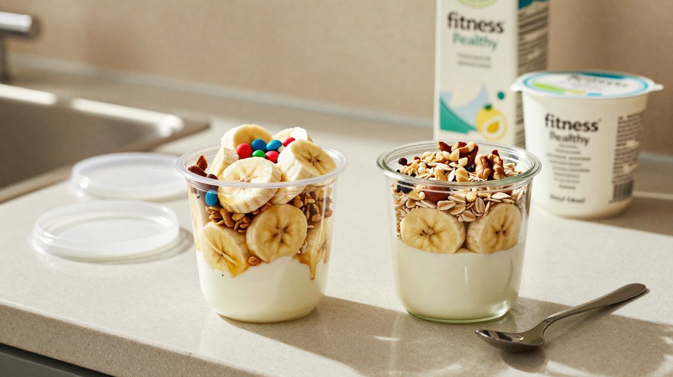 Dois copos com iogurte, fatias de banana, cereais e frutos secos sobre bancada de cozinha.