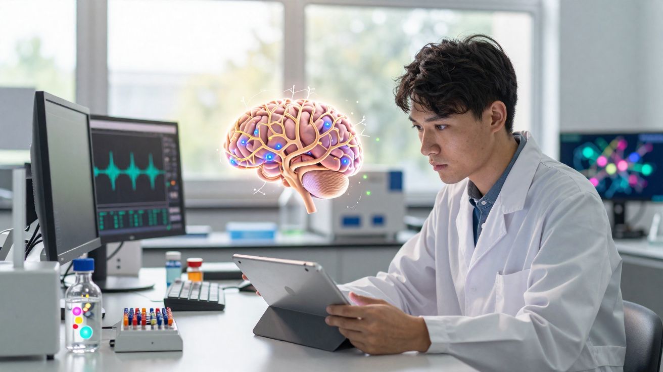 Cientista em bata branca a consultar tablet num laboratório com imagem digital de cérebro flutuante.