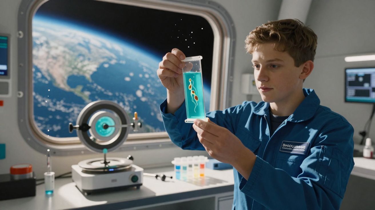 Jovem cientista observa amostra com líquido colorido em laboratório espacial com Terra ao fundo pela janela.
