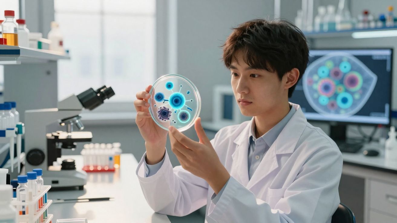 Cientista em laboratório observa placa de Petri com bactérias coloridas, ao lado de microscópio e tubos de ensaio.