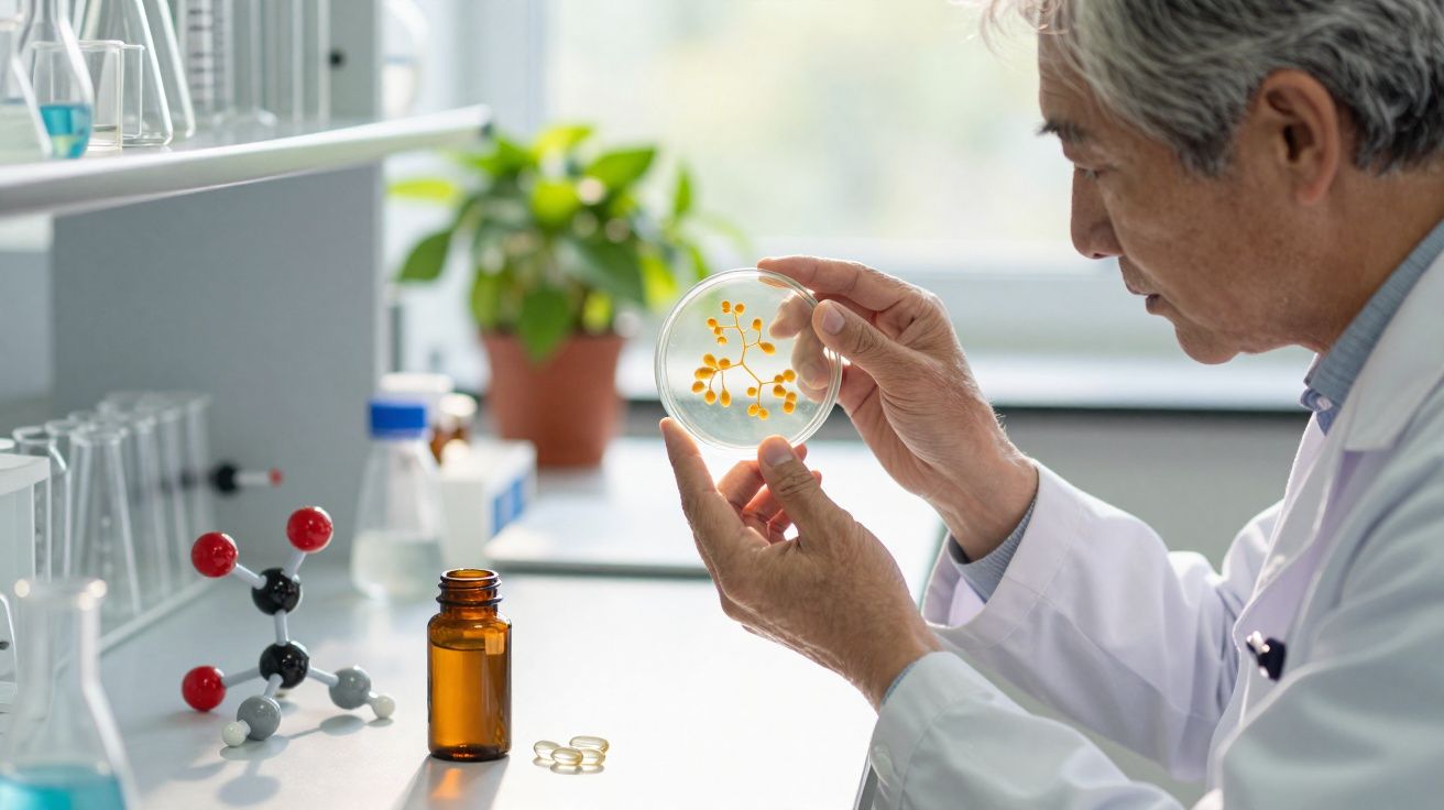 Cientista num laboratório a analisar cultura celular amarela numa placa de Petri.