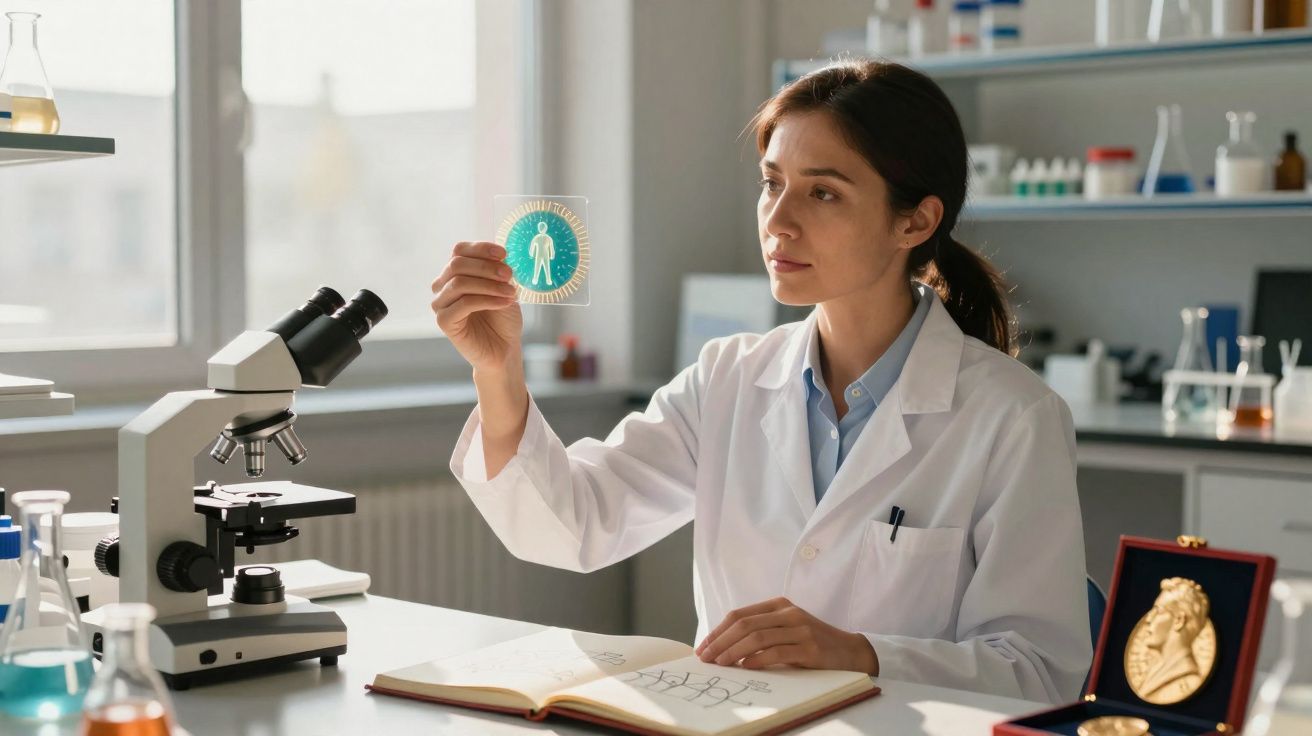 Cientista em laboratório a analisar imagem holográfica ao lado de microscópio e livro aberto.