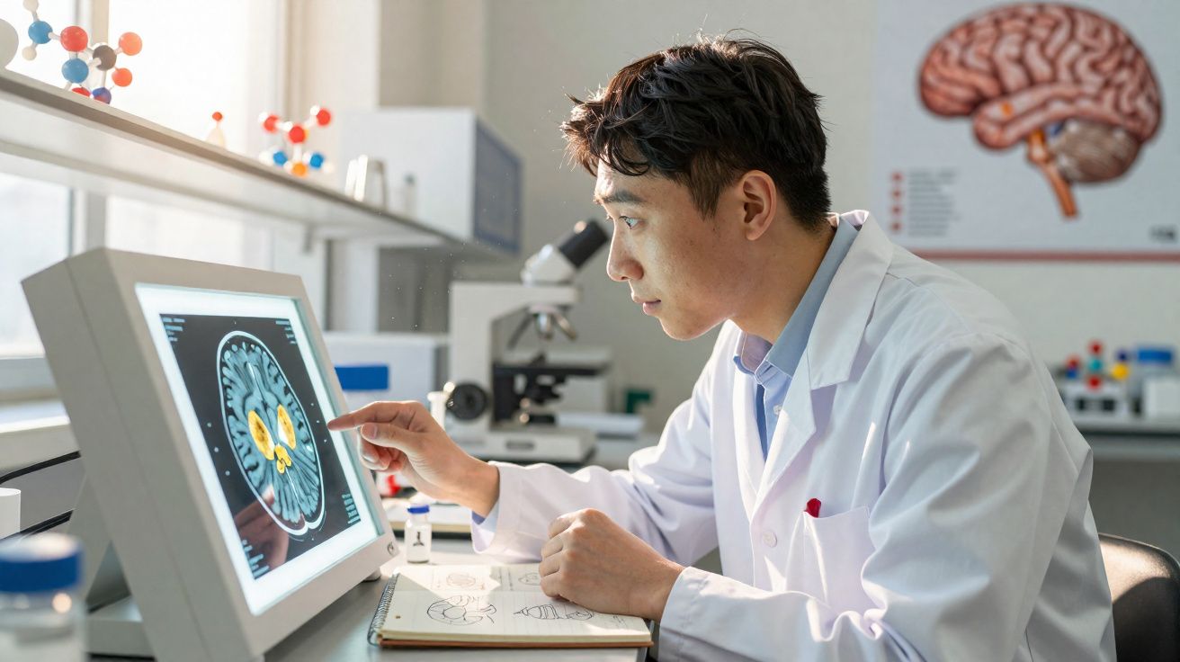 Cientista a analisar imagens cerebrais num ecrã de computador num laboratório de neurociências.